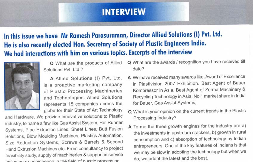 Our MD, Mr. Ramesh Parasuraman's interview in Plastics News November 2014 Edition